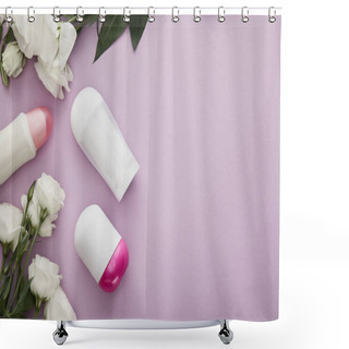 Personality  Top View Of Bottles Of Deodorant On Violet Background With White Roses Shower Curtains