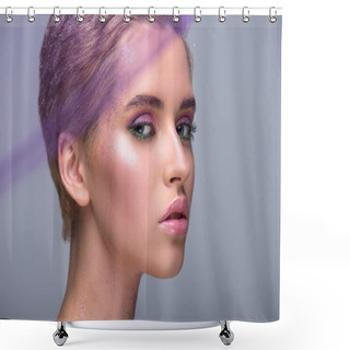 Personality  Attractive Woman With Violet Makeup Looking At Camera Isolated On Grey Shower Curtains