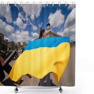 Personality  A Young Woman Carries The Flag Of Ukraine Fluttering Behind Her In The Street Shower Curtains