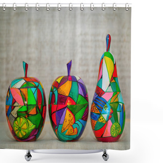 Personality  Decorative Multi-colored Apples And Pears. Contemporary Art, Decorative Fruit Made Of Wood, Hand Painted Shower Curtains