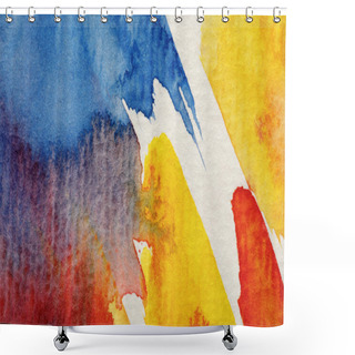 Personality  Close Up View Of Yellow, Blue And Red Watercolor Paint Brushstrokes On White Background Shower Curtains