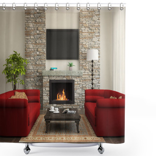 Personality  Modern Interior With Red Sofas And Fireplace Shower Curtains