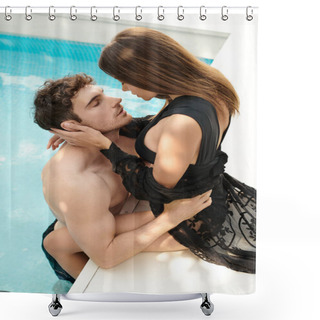 Personality  Handsome Shirtless Man Seducing Attractive Woman With Tattoo Near Swimming Pool, Sexy Couple Shower Curtains