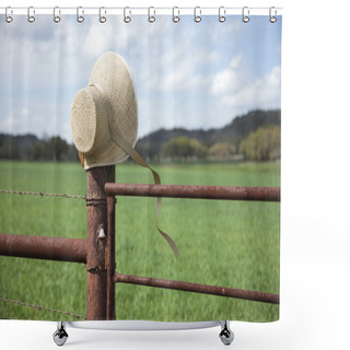 Personality  Old Fashioned Straw Bonnet On Fence Post In Texas Hill Country Shower Curtains