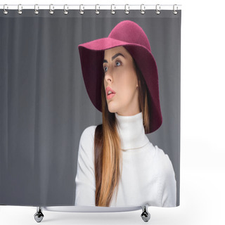 Personality  Attractive Woman Posing In Burgundy Felt Hat, Isolated On Grey Shower Curtains