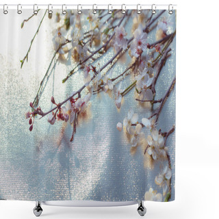 Personality  Sprigs Of Blooming Sakura On A Golden Glittering Blurred Background. Delicate Spring Flowers, Place For Text. Shower Curtains