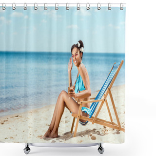 Personality  Happy African American Woman In Bikini With Cocktail In Coconut Shell Waving By Hand While Sitting On Deck Chair On Sandy Beach  Shower Curtains