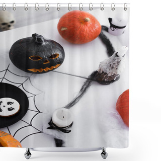 Personality  Top View Of Pumpkins And Baked Cookie And Candles On Halloween Party Shower Curtains