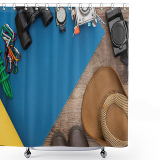 Personality  Top View Of Hiking Equipment On Blue Sleeping Mat, Photo Camera, Boots And Hat On Wooden Surface Shower Curtains