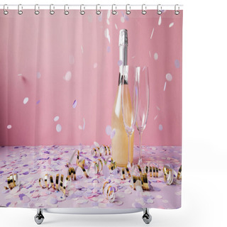 Personality  Bottle Of Champagne, Glasses And Falling Confetti Pieces On Violet Surface Shower Curtains