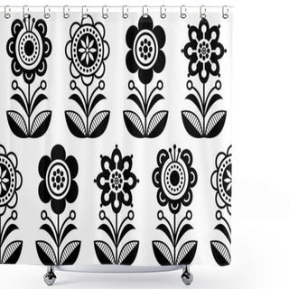 Personality  Folk Art Flowers, Seamless Vector Floral Pattern, Scandinavian Black And White Repetitive Design, Nordic Ornament Shower Curtains