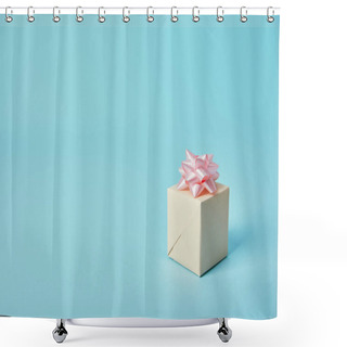 Personality  Gift Box With Pink Bow On Blue Background Shower Curtains