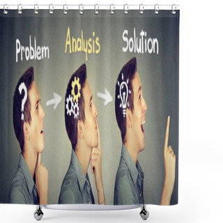 Personality  Thoughtful, Finding Solution Young Man With Question Gear Mechanism, Light Bulb Signs. Shower Curtains