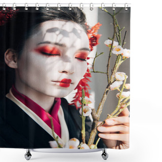 Personality  Beautiful Geisha With Red And White Makeup And Sakura In Sunlight Shower Curtains