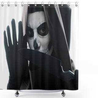 Personality  Woman With Skull Makeup Holding Knife Isolated On White Shower Curtains