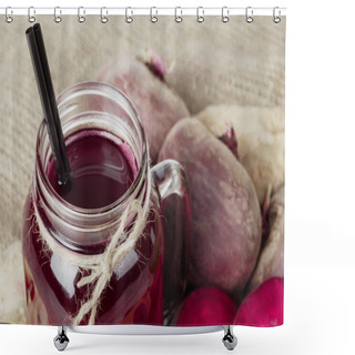 Personality  A Top View Of A Mason Jar Of Freshly Squeezed Beetroots Drink And A Few Beets On A Fabric. Ingredients For Vegan Diets. Shower Curtains