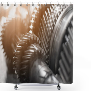 Personality  Shafts With Gears Of A Gearbox On A Table In A Car Service. Close Up Shower Curtains