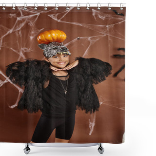 Personality  Close Up Smiling Preteen Girl With Pumpkin On Her Head And Hands Under Chin, Halloween Shower Curtains