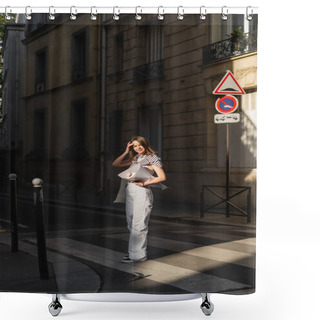 Personality  Young Woman In Stylish Outfit Holding Bouquet Wrapped In Paper On Street In Paris  Shower Curtains