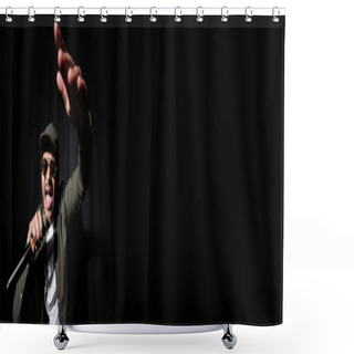 Personality  Emotional Indian Hip Hop Performer With Raised Hand Singing In Microphone On Black, Banner Shower Curtains