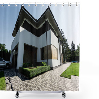 Personality  Exterior Of New Modern House With Car On Parking Shower Curtains