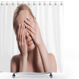 Personality  Beautiful Woman Covering Eyes With Hands Isolated On White Shower Curtains