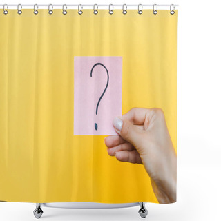 Personality  Cropped View Of Woman Holding Sticky Note With Question Mark On Orange  Shower Curtains