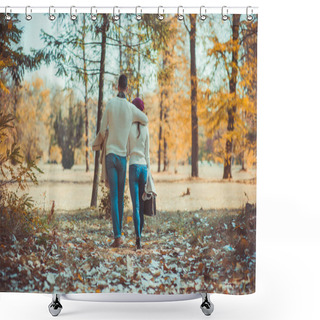 Personality  A Guy Is Hugging His Girlfriend In The Park While Walking On The Autumn Yellow Leaves And Enjoying The Nature Shower Curtains