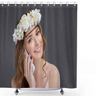 Personality  Happy Young Woman In Floral Wreath Talking By Phone Isolated On Grey Shower Curtains