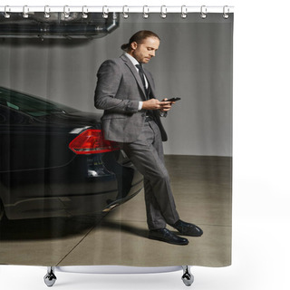 Personality  Handsome Elegant Businessman In Suit With Red Hair Leaning On His Car And Looking At Phone Shower Curtains