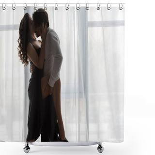 Personality  Man In Shirt Lifting Leg Of Seductive Young Woman In Black Slip Dress Shower Curtains
