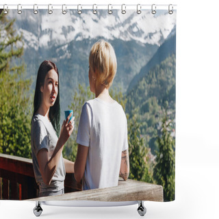 Personality  Young Women Drinking Tea And Looking At Each Other While Standing On Balcony In Beautiful Mountains, Mont Blanc, Alps Shower Curtains