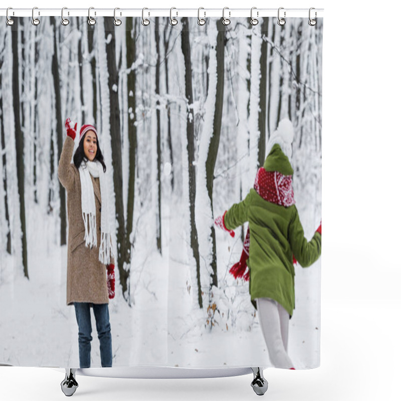 Personality  Cheerful African American Mom Playing Snowballs With Daughter In Winter Park Shower Curtains