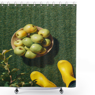 Personality  Cropped View Of Person In Yellow Rubber Boots Standing Near Wooden Bowl With Green Apples Shower Curtains