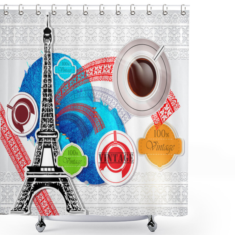 Personality  Eiffel tower and coffee over vintage background. vector illustration shower curtains