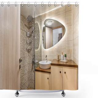 Personality  Modern Bathroom With Silver Rain Head, Hand Held Shower, Sink, Mirror On The Wall With Backlight, Shelf With Decor And Smell Sticks. Interior Design Of Hotel Or Apartment Or Home.  Shower Curtains