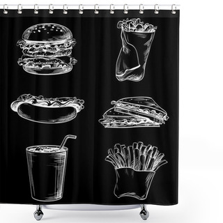Personality  Graphic Lines Set Icons Drawn On Chalkboard, Fast Food Meal French Fries, Sandwich, Hamburger, Cheeseburger, Hot Dog And Cup Of Ice Drink, Images For Design Menu Restaurant, Cafe, Bistro Or Snack Bar, Vector White On Black, Inversion Shower Curtains