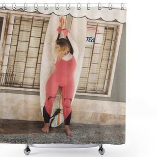 Personality  Young Woman In Wetsuit With Surfing Board Standing Against Building Wall In Portugal Shower Curtains