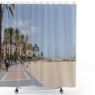 Personality  BARCELONA, SPAIN - APRIL 30, 2020: People Walking On Sidewalk Near Palm Trees And Church Of Saint Bartolomeus And Santa Tecla At Background Shower Curtains