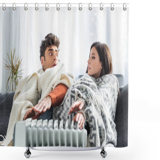 Personality  Attractive Girlfriend And Boyfriend Covered With Blankest Warming Up Near Heater  Shower Curtains