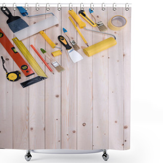 Personality  Top View Of Set Of Construction Tools On Wooden Table Shower Curtains