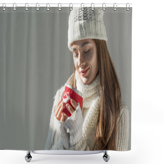Personality  Attractive Woman In Fashionable Winter Sweater And Scarf Holding Cup Of Tea Isolated On Grey Shower Curtains