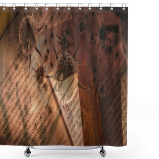 Personality  Digital Illustration Of Macro Covid-19 Cells Floating Over Crucifix On Rosary Lying On Open Bible. Religious Faith In Time Of Coronavirus Global Pandemic Concept, Digital Composite. Shower Curtains