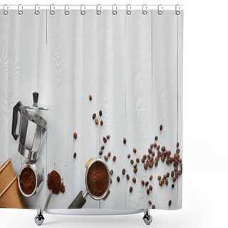 Personality  Top View Of Portafilter Near Separated Parts Of Geyser Coffee Maker, Paper Cups And  Spoon On White Wooden Surface  Shower Curtains