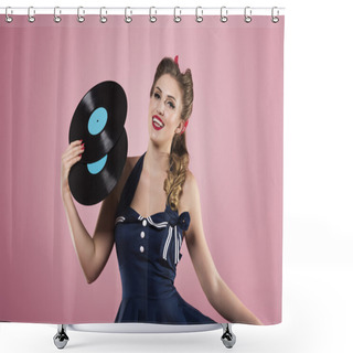 Personality  Pin Up Girl Holding Vinyl Records Shower Curtains