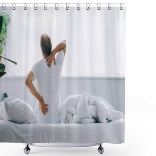 Personality  Back View Of Man Sitting On Bed And Suffering From Back Pain Shower Curtains
