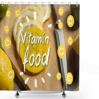 Personality  Close Up View Of Sliced Lemon On Wooden Cutting Board With Knife, Vitamin Food Illustration Shower Curtains