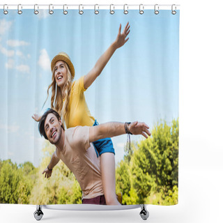 Personality  Low Angle View Of Happy Couple Piggybacking In Park Shower Curtains