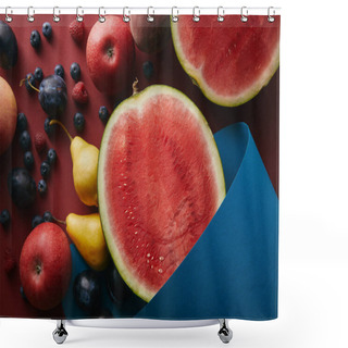 Personality  Elevated View Of Ripe Fruits And Blue Paper On Red Surface Shower Curtains