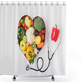 Personality  Vegetables And Fruits Laying In Heart Shaped Dish Near Pepper With Stethoscope Isolated On White Background     Shower Curtains